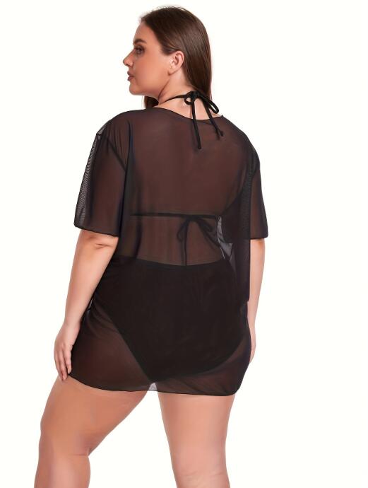 Plus Size Women Mesh Cover-up See-Through Sexy Bikini Swimwear 3Piece